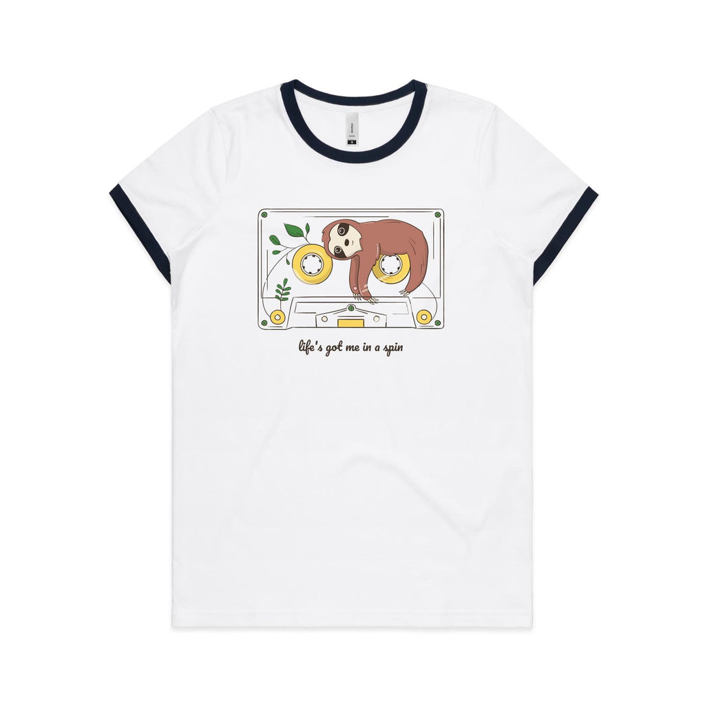 Life's Got Me In A Spin, Cassette Tape, Sloth - Women's Ringer Tee White Navy Womens Ringer T-shirt animal Music Printed In Australia
