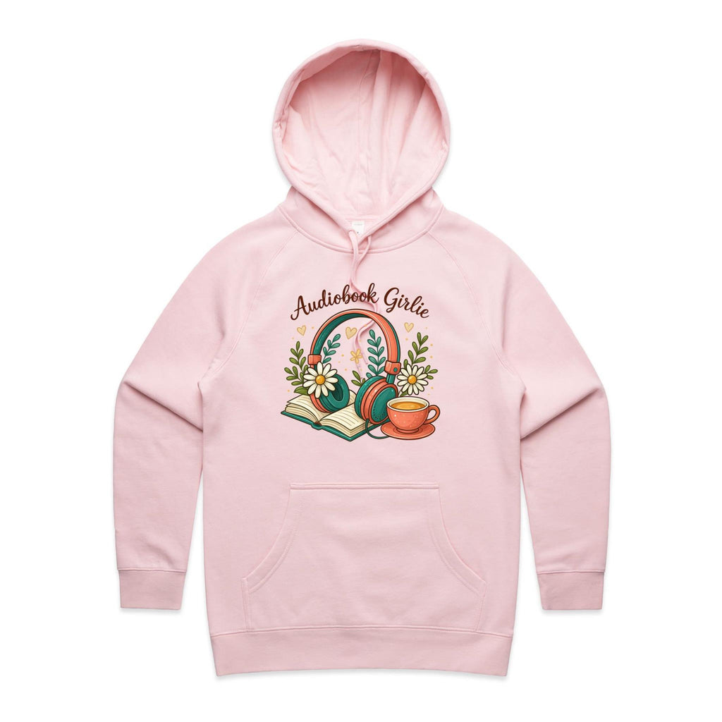Audiobook Girlie - Womens Hoodie Pink Womens Hoodie Printed In Australia Reading