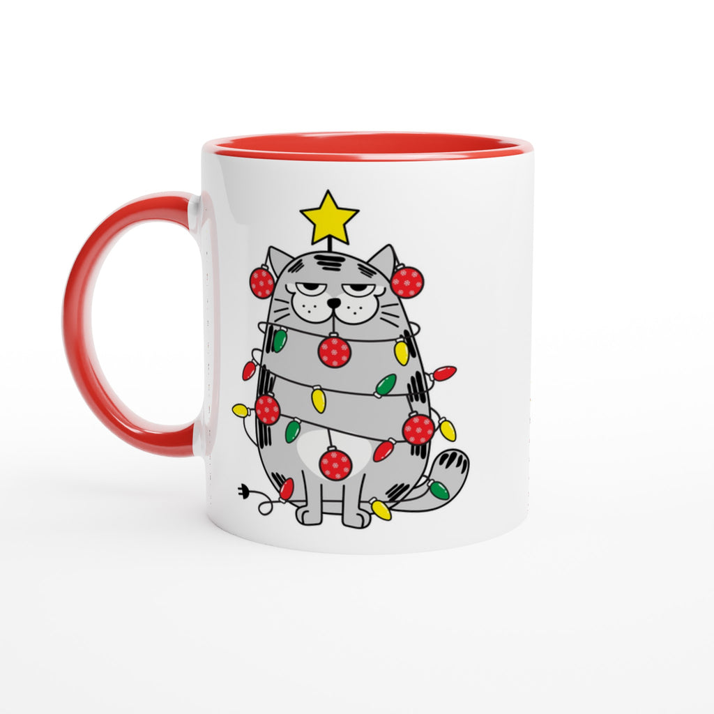 Christmas Cat - White 11oz Ceramic Mug with Colour Inside Ceramic Red Christmas Colour Mug Christmas Globally Fulfilled
