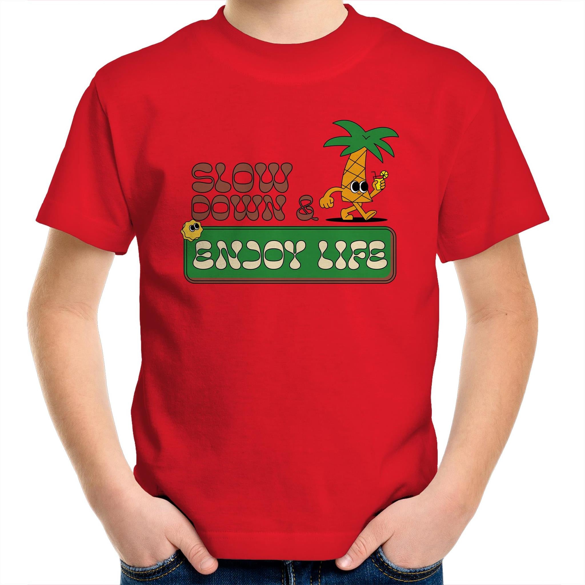 Slow Down And Enjoy Life - Kids Youth T-Shirt Red Kids Youth T-shirt Printed In Australia Retro