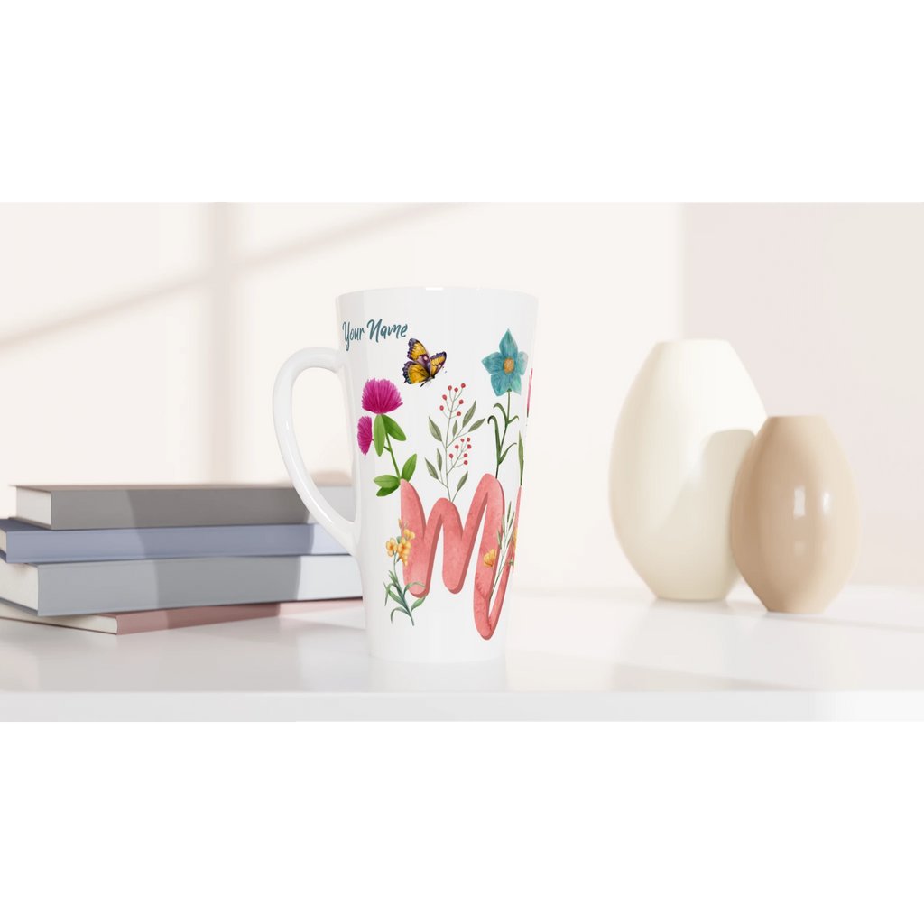 Personalised Mum With Flowers And Butterflies White Latte 17oz Ceramic Mug Personalised Latte Mug Globally Fulfilled Mum