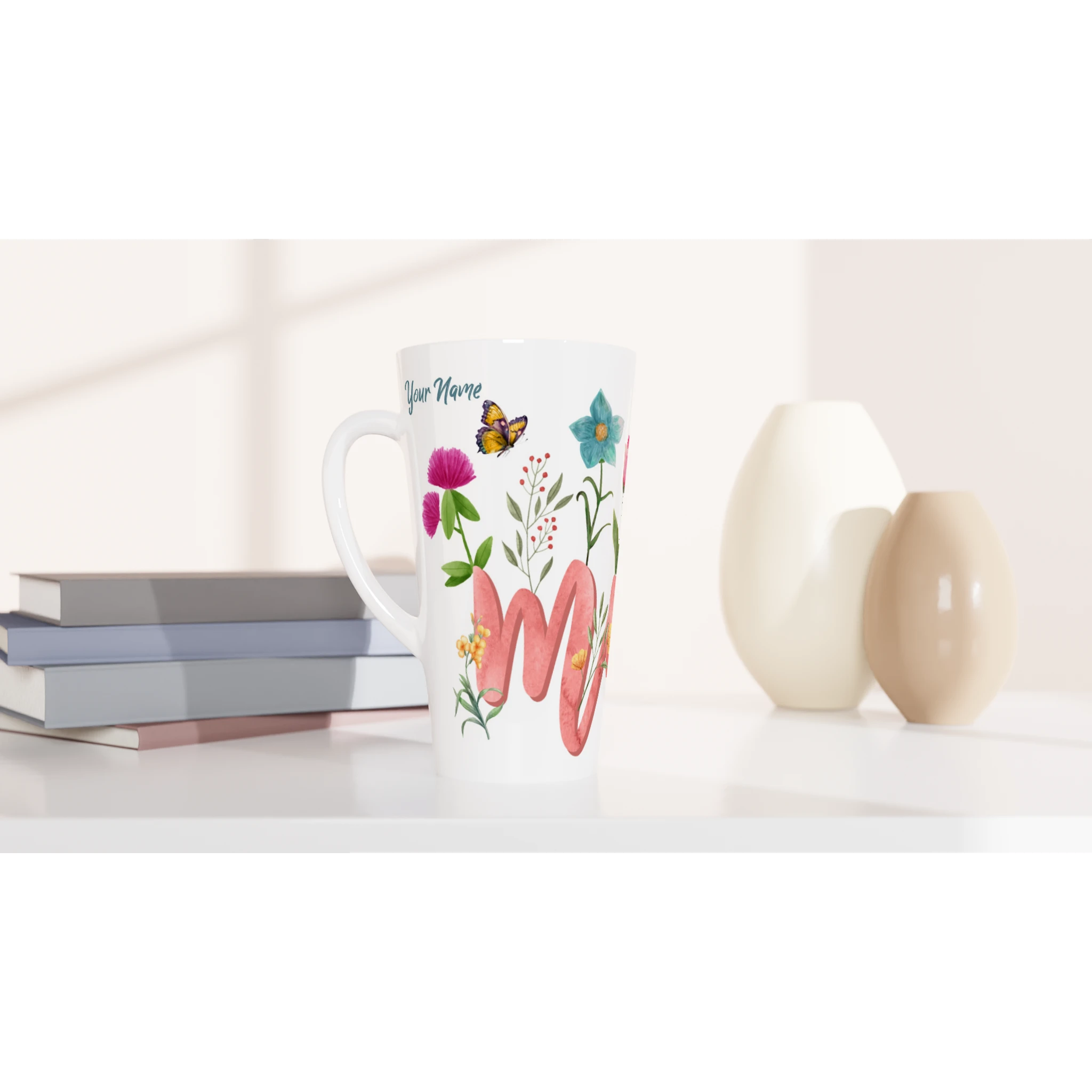 Personalised - Mum With Flowers And Butterflies - White Latte 17oz Ceramic Mug Personalised Latte Mug Globally Fulfilled Mum