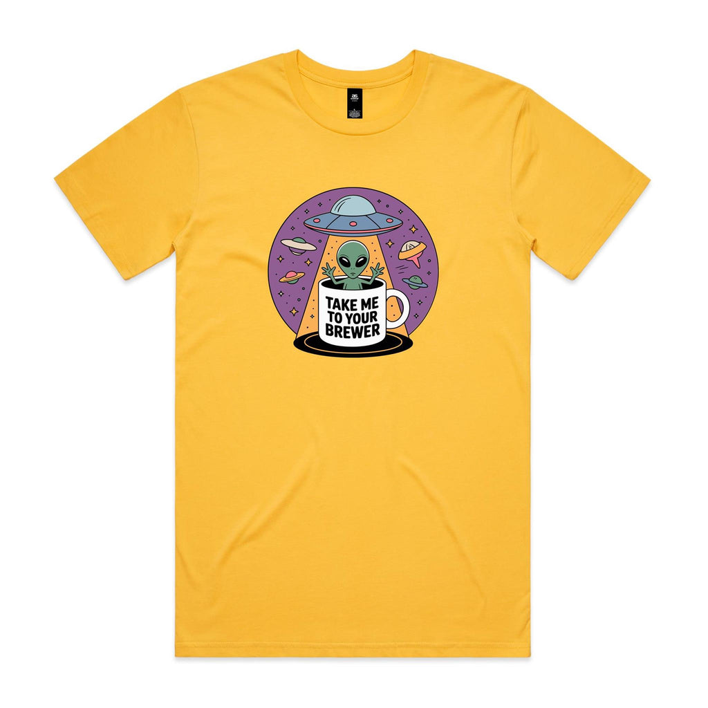 Coffee, Alien, UFO, Take Me To Your Brewer Men's AS Colour T-shirt Yellow Mens T-shirt Coffee Printed In Australia Sci Fi