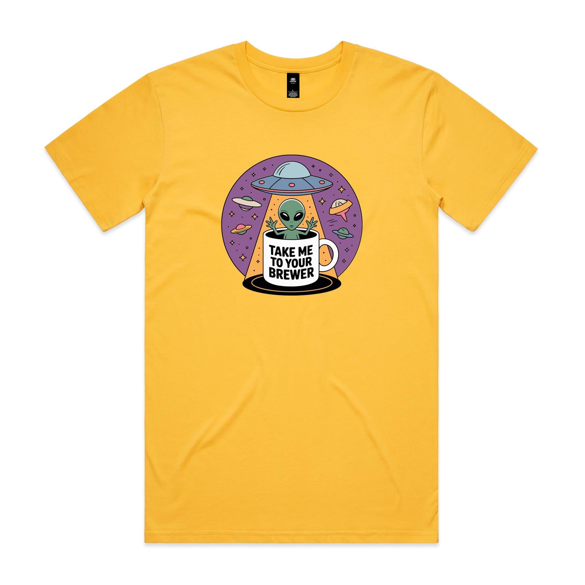Coffee, Alien, UFO, Take Me To Your Brewer - Men's AS Colour T-shirt Yellow Mens T-shirt Coffee Printed In Australia Sci Fi
