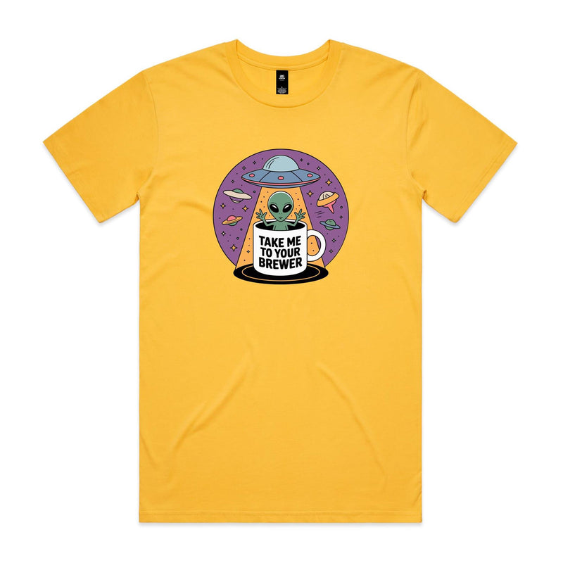 Coffee, Alien, UFO, Take Me To Your Brewer - Men's AS Colour T-shirt Yellow Mens T-shirt Coffee Printed In Australia Sci Fi