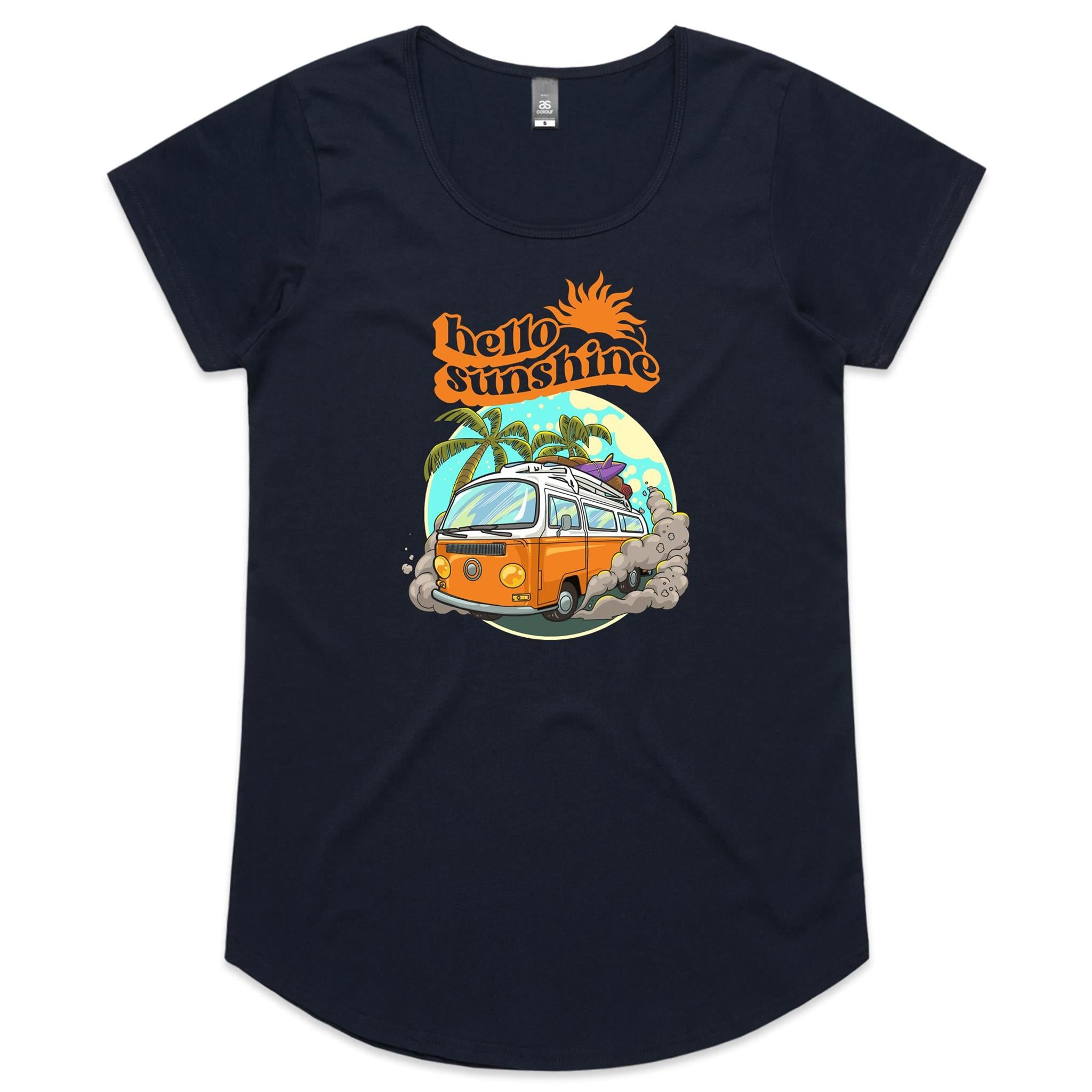 Hello Sunshine, Beach Van - Womens Scoop Neck T-Shirt Navy Womens Scoop Neck T-shirt Printed In Australia Summer Surf