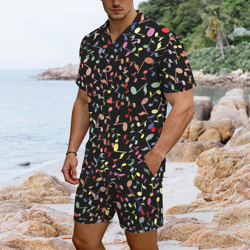 Quavers, Music Notes Men's Hawaiian Shirt & Shorts Set Men's Hawaiian Shirt & Shorts Set Music Printed Offshore