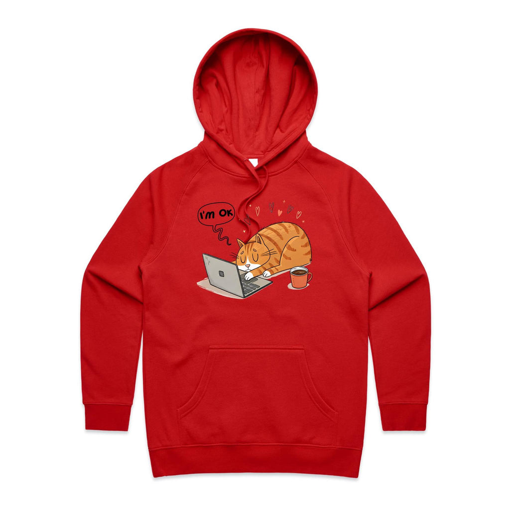 Cat Laptop, I'm OK - Womens Hoodie Red Womens 2XL Womens Hoodie animal Printed In Australia Tech