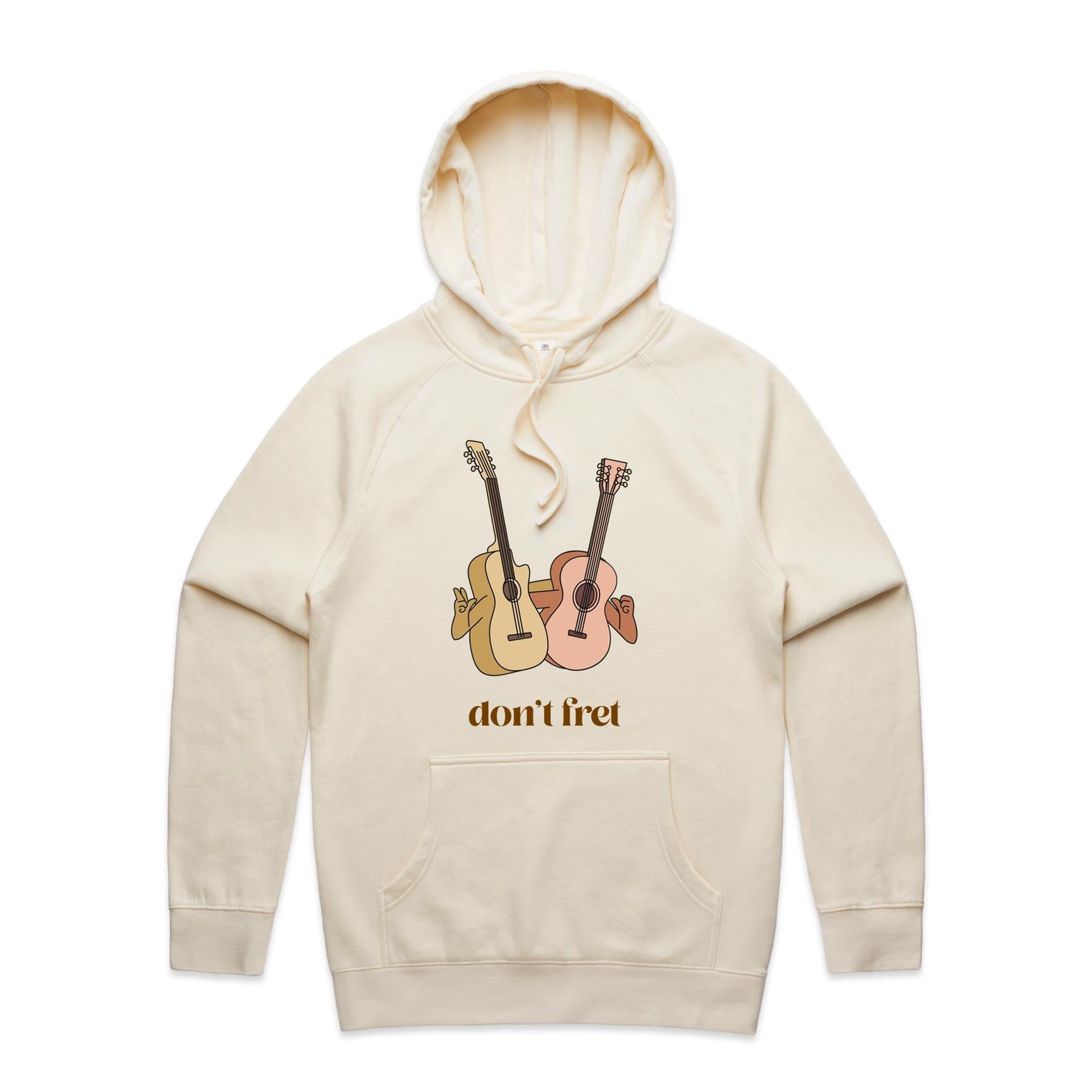 Guitars, Don't Fret - Mens Hoodie Ecru Mens Hoodie Music Printed In Australia