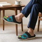Palm Trees Men's Fur Trim Thick-Sole Indoor Slippers Men's Fur Trimmed Slippers Printed Offshore Surf