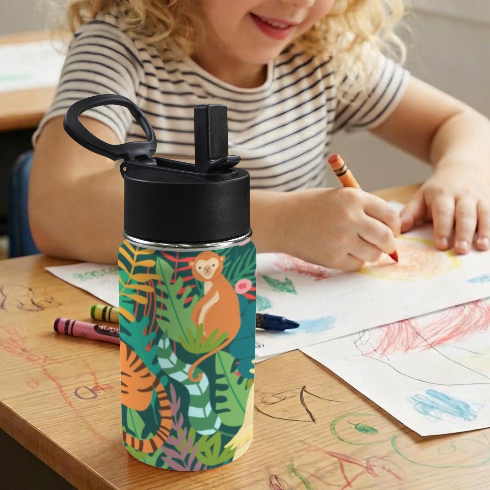 Tropical Jungle Animals 12oz Kids Water Bottle with Straw Lid