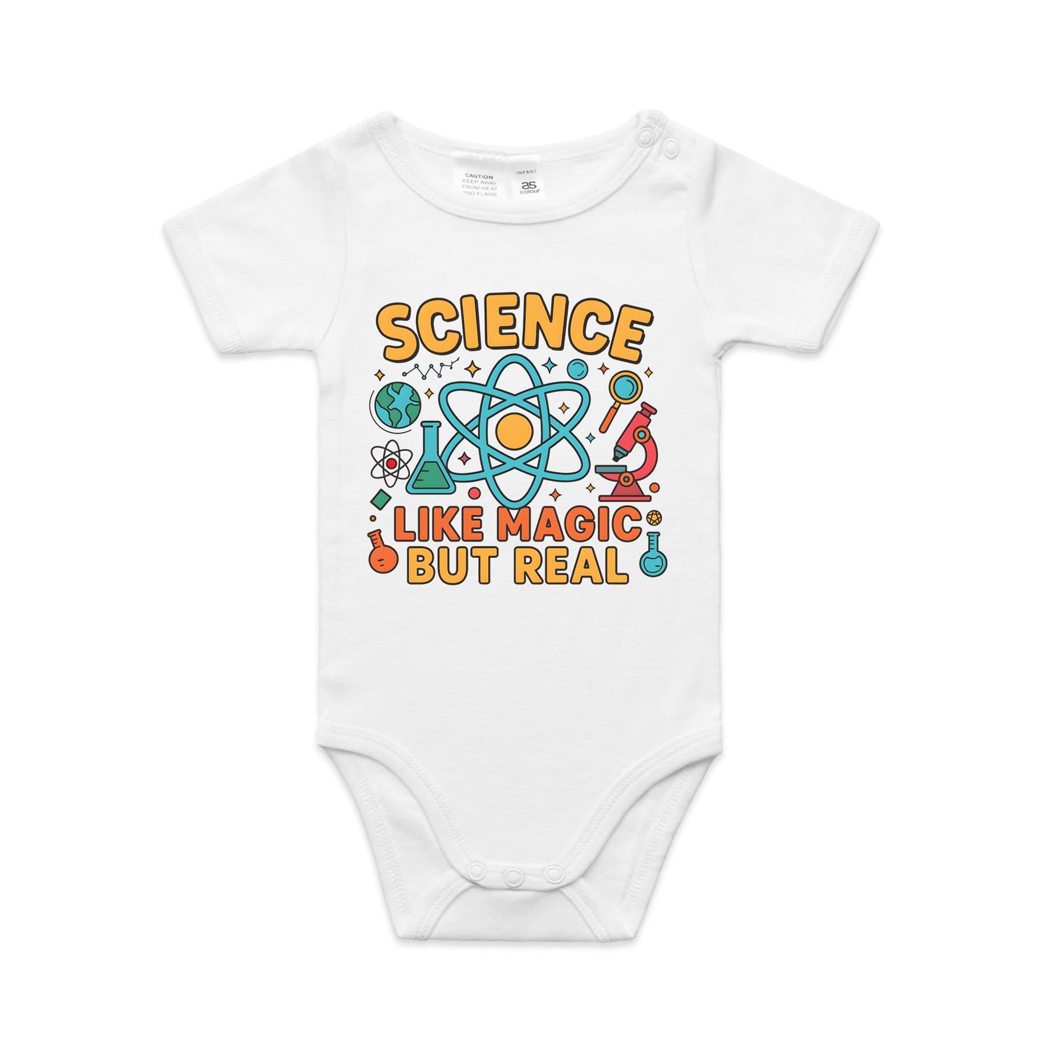 Science, Like Magic But Real AS Colour Baby Bodysuit White Baby Bodysuit Printed In Australia Science