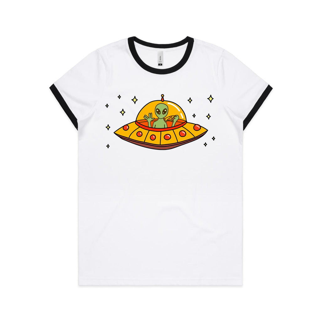 Alien Pizza - Women's Ringer Tee White Black Womens Ringer T-shirt Food Printed In Australia Sci Fi
