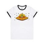 Alien Pizza - Women's Ringer Tee White Black Womens Ringer T-shirt Food Printed In Australia Sci Fi