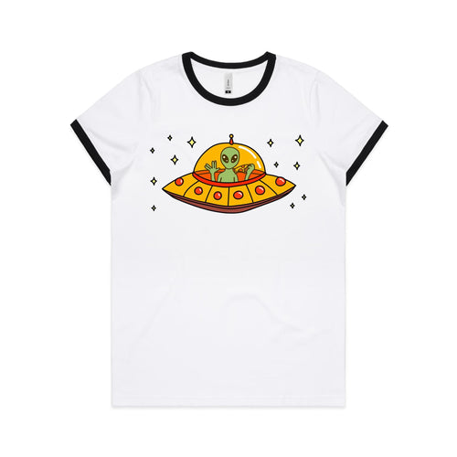 Alien Pizza - Women's Ringer Tee White Black Womens Ringer T-shirt Food Printed In Australia Sci Fi