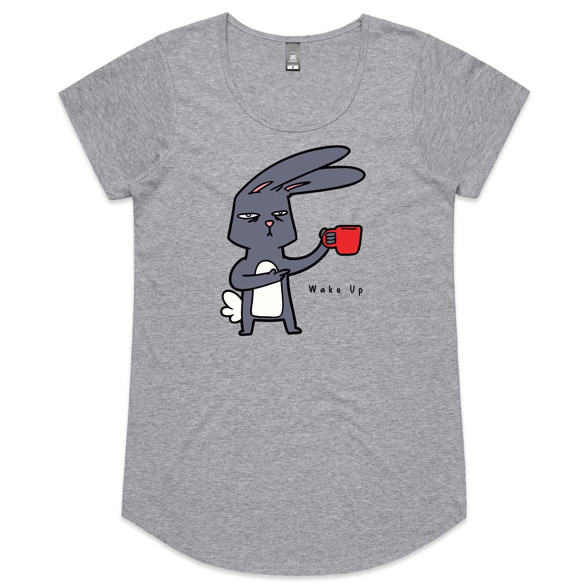 Wake Up, Coffee, Rabbit - Womens Scoop Neck T-Shirt Grey Marle Womens Scoop Neck T-shirt animal Coffee Printed In Australia