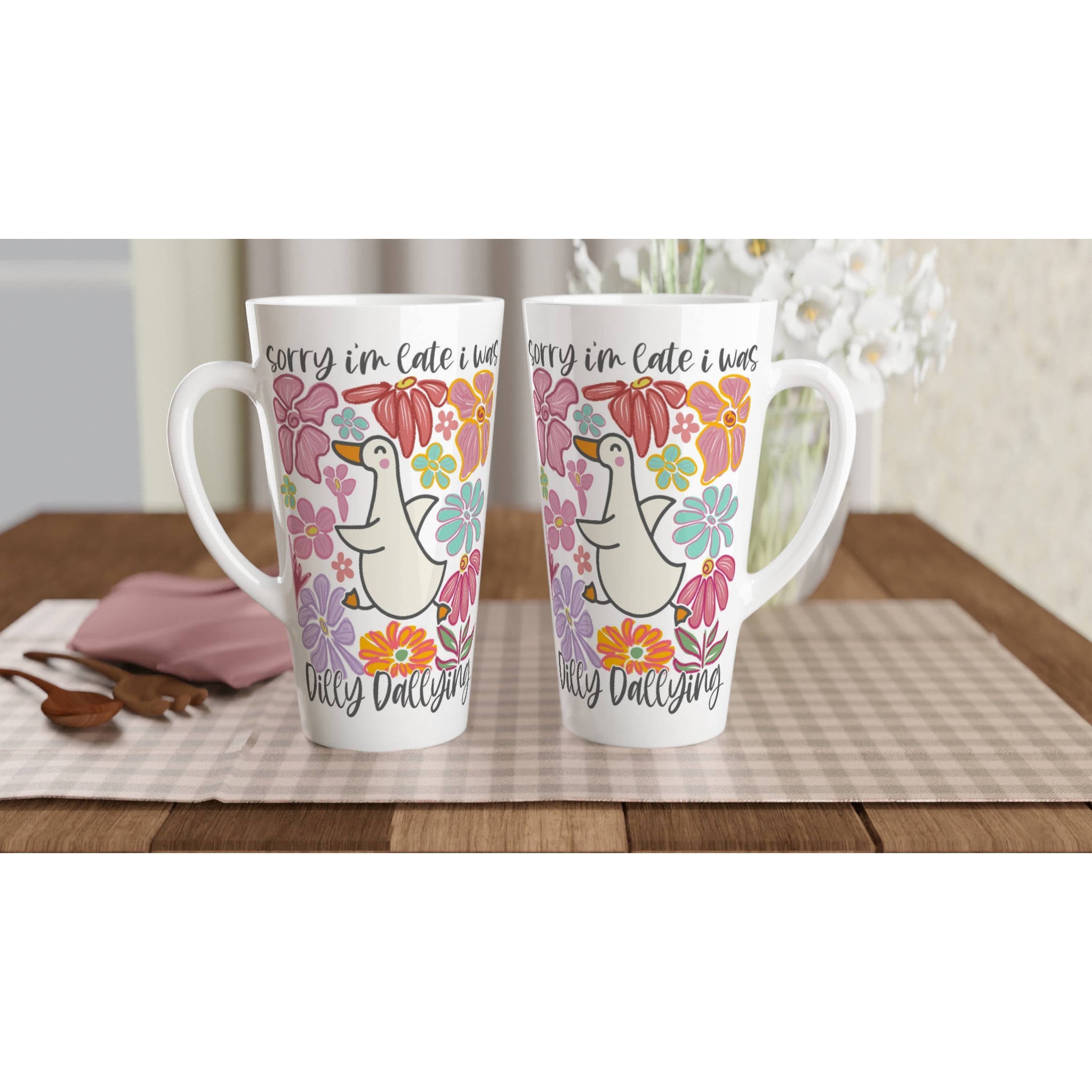 Sorry I'm Late, I Was Dilly Dallying - White Latte 17oz Ceramic Mug Latte Mug animal Globally Fulfilled