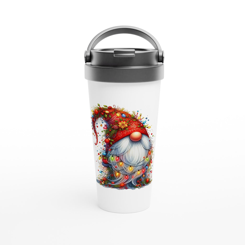 Christmas Gnome Wrapped In Lights - White 15oz Stainless Steel Travel Mug Default Title Christmas Travel Mug Christmas Globally Fulfilled