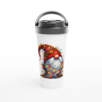 Christmas Gnome Wrapped In Lights - White 15oz Stainless Steel Travel Mug Default Title Christmas Travel Mug Christmas Globally Fulfilled