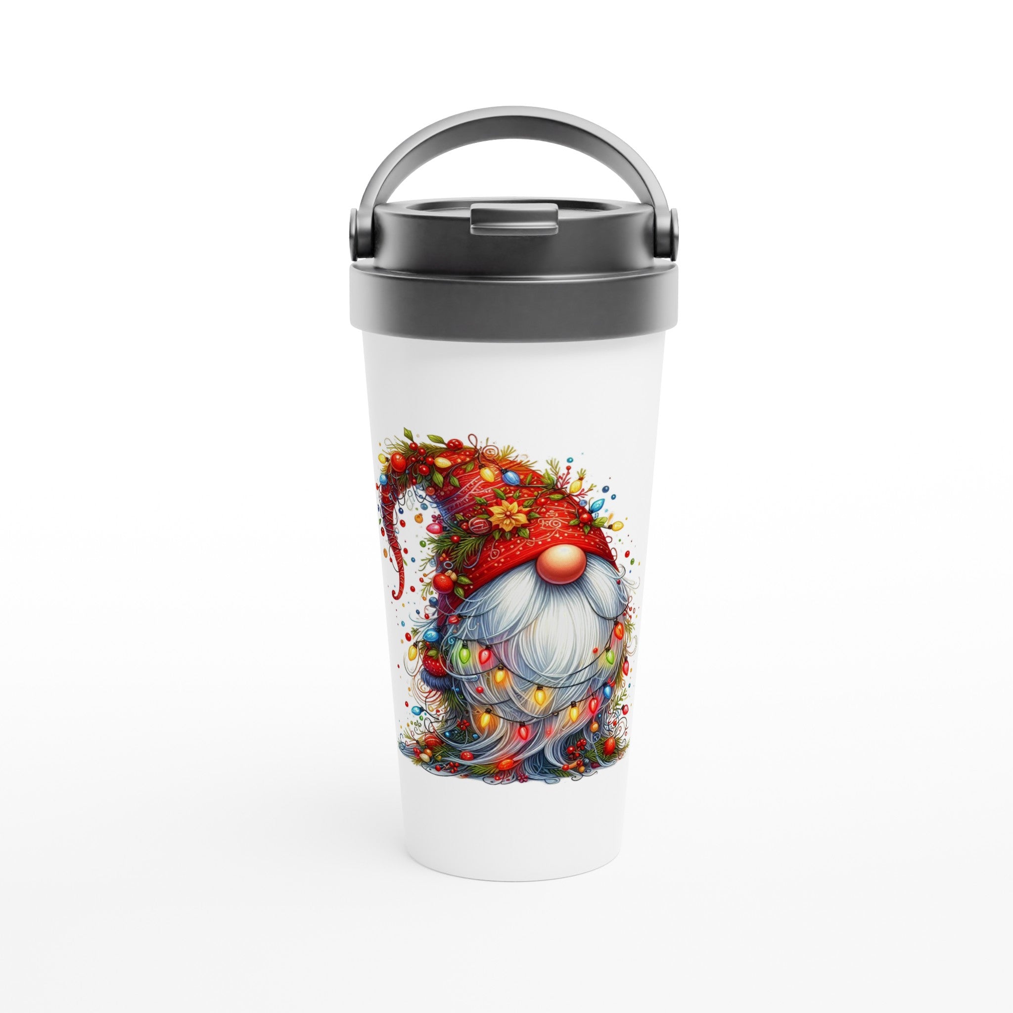 Christmas Gnome Wrapped In Lights - White 15oz Stainless Steel Travel Mug Default Title Christmas Travel Mug Christmas Globally Fulfilled
