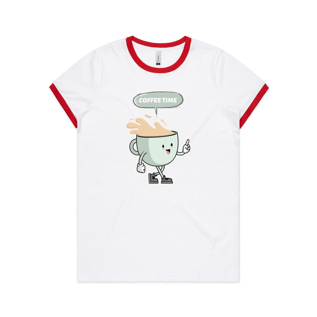 Coffee Time - Women's Ringer Tee White Red Womens Ringer T-shirt Coffee Printed In Australia