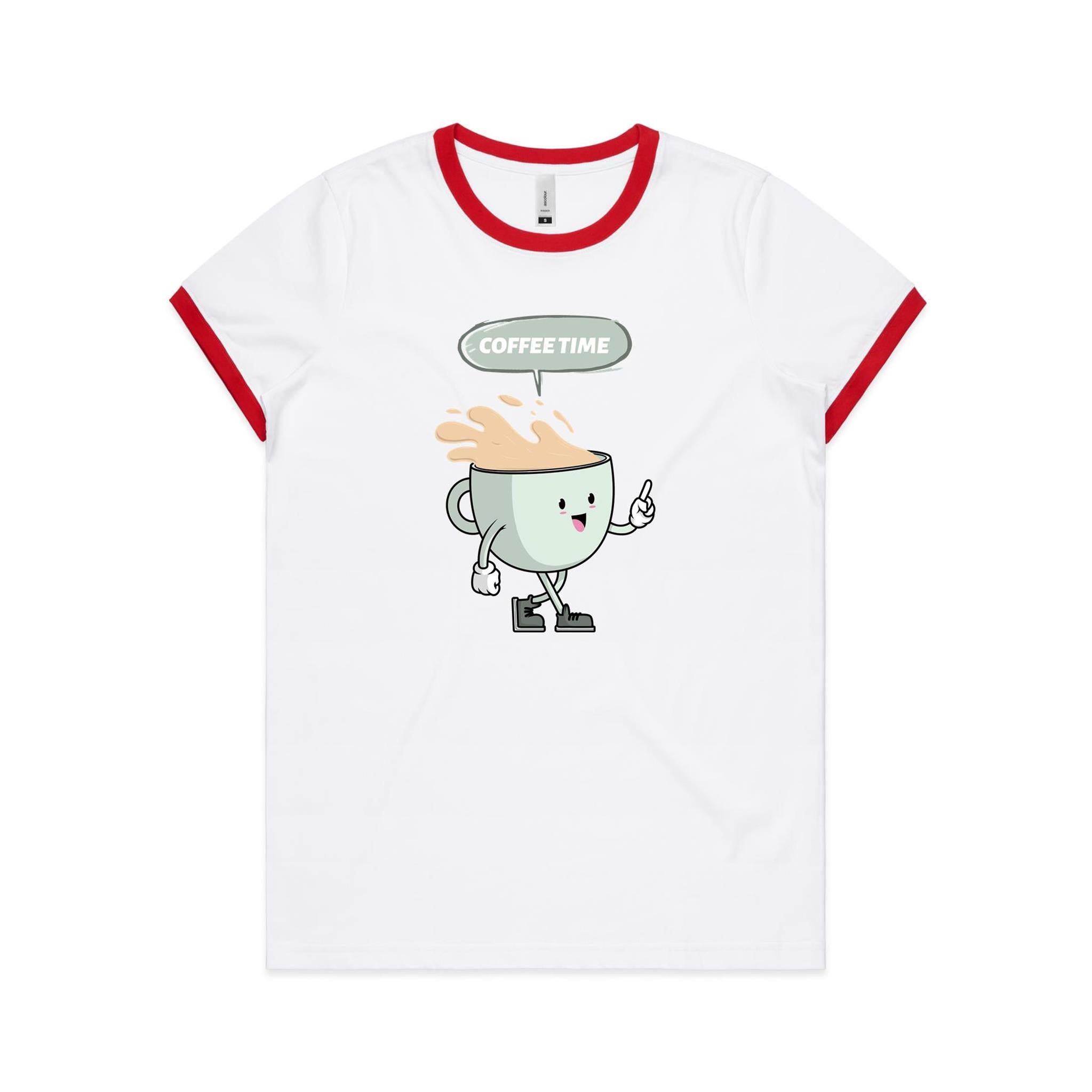 Coffee Time - Women's Ringer Tee White Red Womens Ringer T-shirt Coffee Printed In Australia