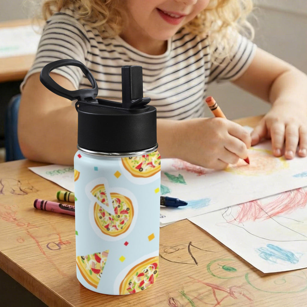 Pizzas On Blue 12oz Kids Water Bottle with Straw Lid