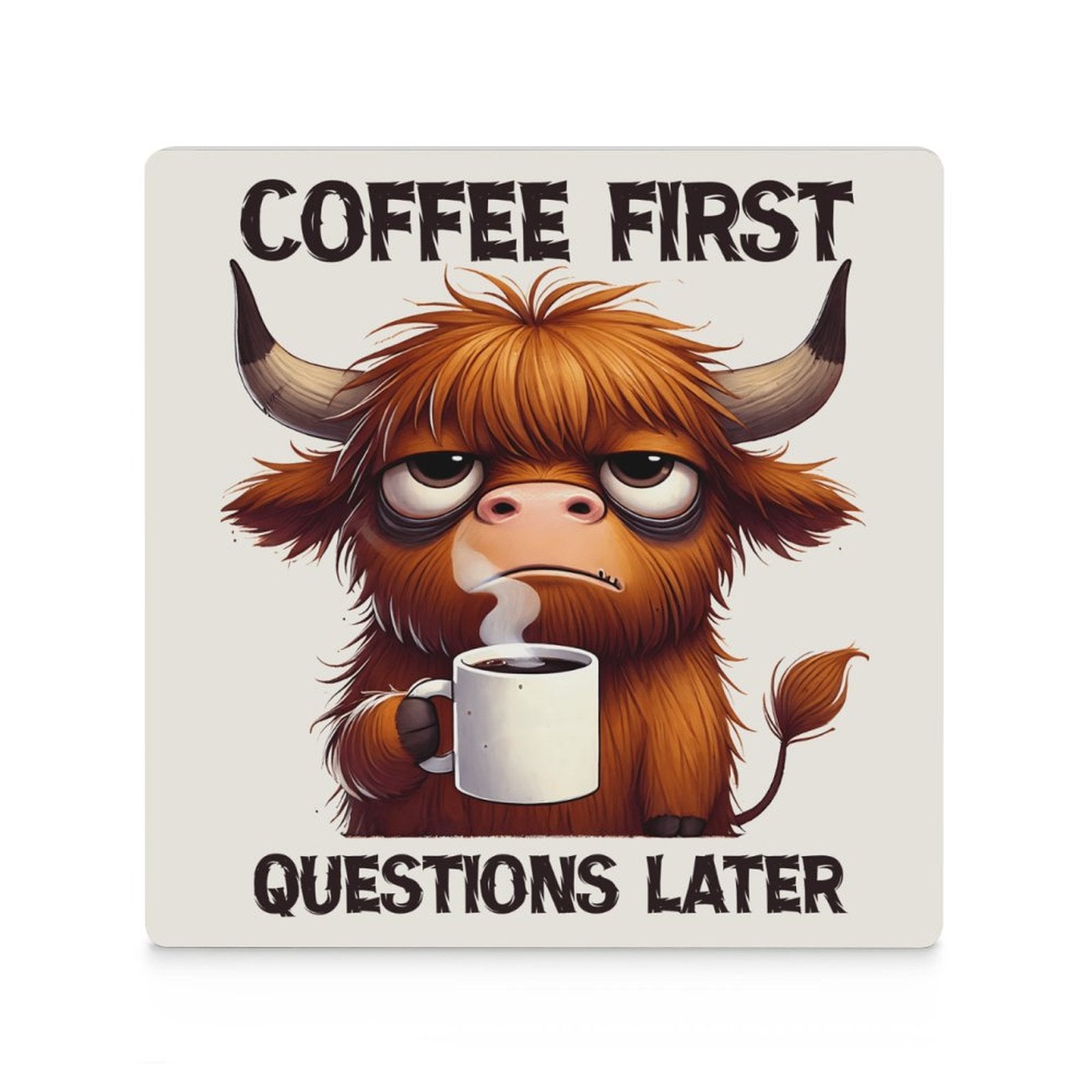 Highland Cow, Coffee First - Ceramic Coasters (Square) Ceramic Coasters animal Printed Offshore