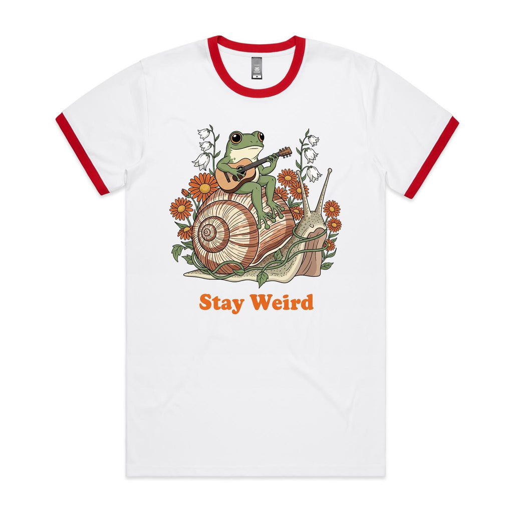Stay Weird, Guitar Playing Frog On A Snail AS Colour Men's AS Colour Ringer Tee White Red Ringer T-Shirt animal Music Printed In Australia