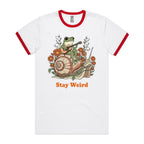 Stay Weird, Guitar Playing Frog On A Snail AS Colour Men's AS Colour Ringer Tee White Red Ringer T-Shirt animal Music Printed In Australia