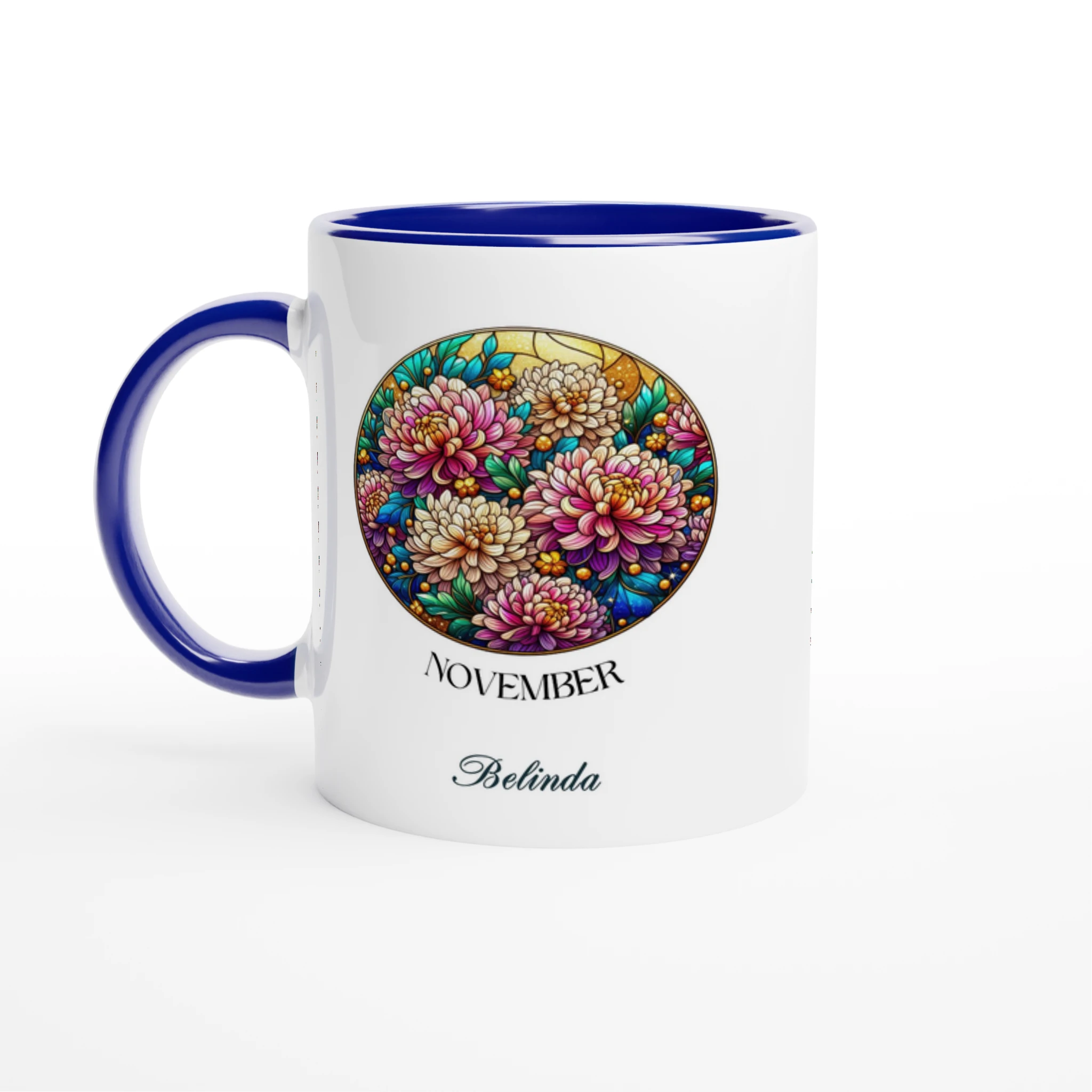 Stained Glass Birth Month Flowers - 11oz Ceramic Mug Ceramic Blue Personalised 11oz Mug Birthday customise Globally Fulfilled Name personalise Plants