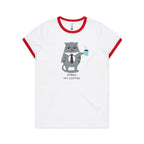 Not Before My Coffee, Cranky Cat - Women's Ringer Tee White Red Womens Ringer T-shirt animal Coffee Printed In Australia