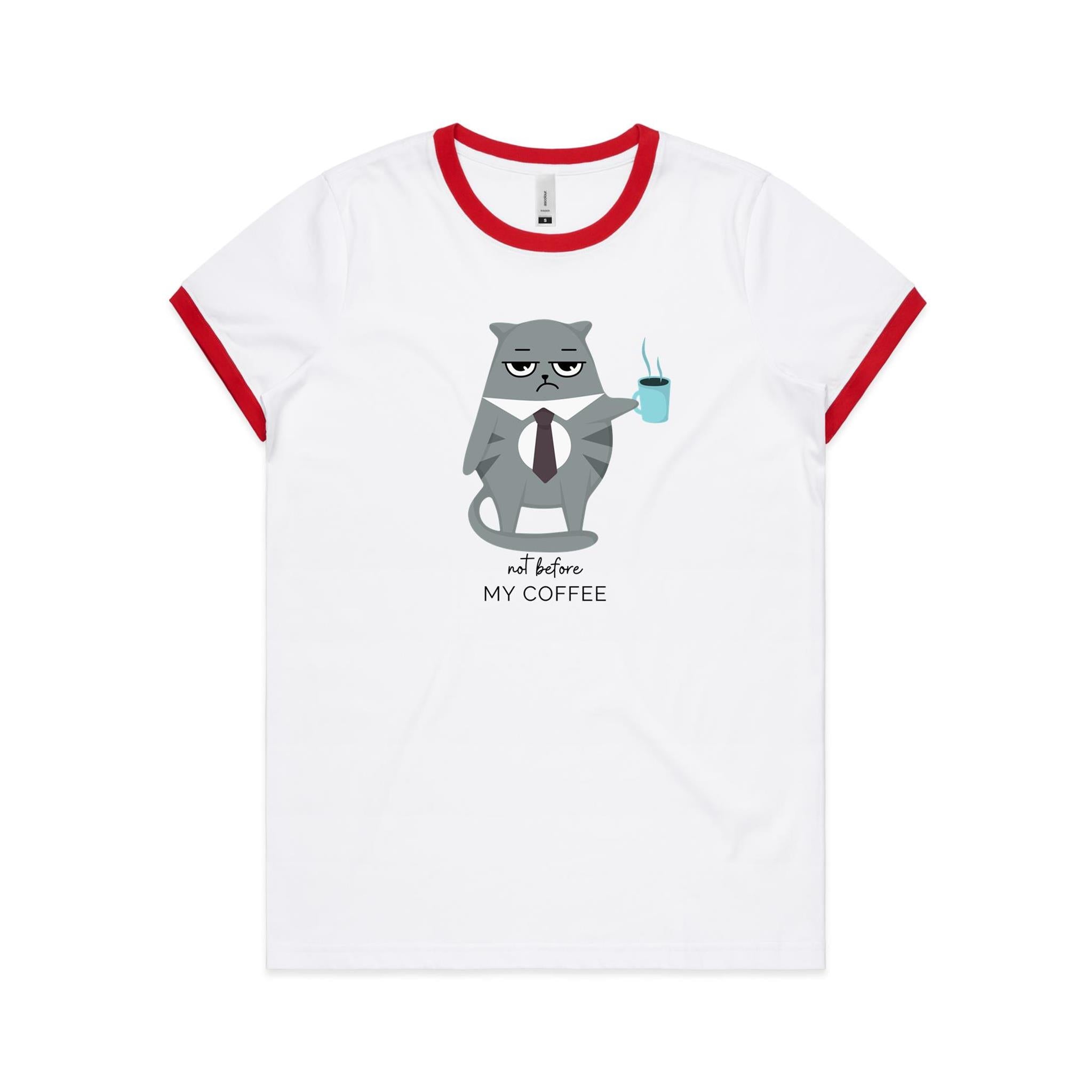 Not Before My Coffee, Cranky Cat - Women's Ringer Tee White Red Womens Ringer T-shirt animal Coffee Printed In Australia