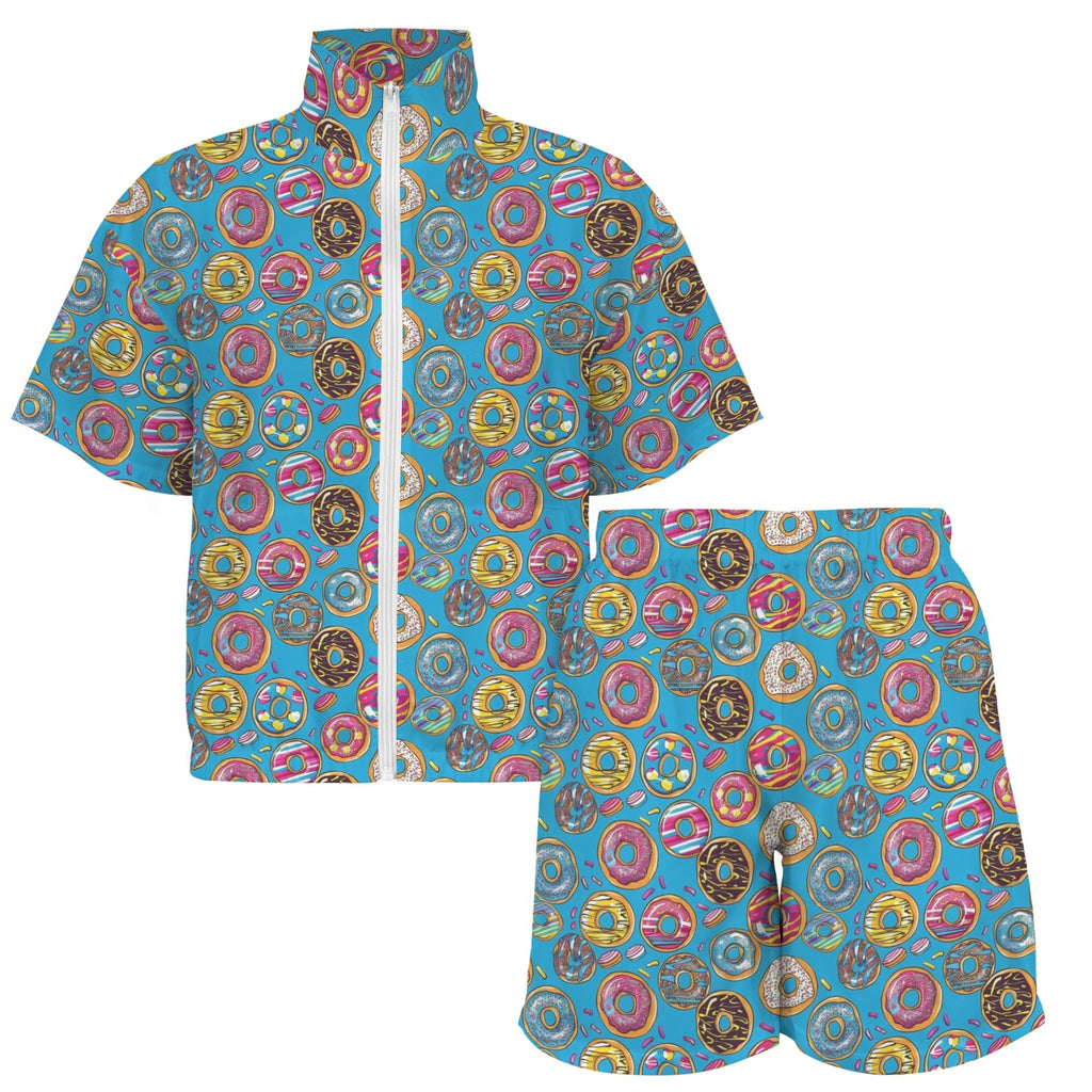 Doughnuts On Blue Women's Windbreaker Short Set Women's Windbreaker Short Set Food Printed Offshore