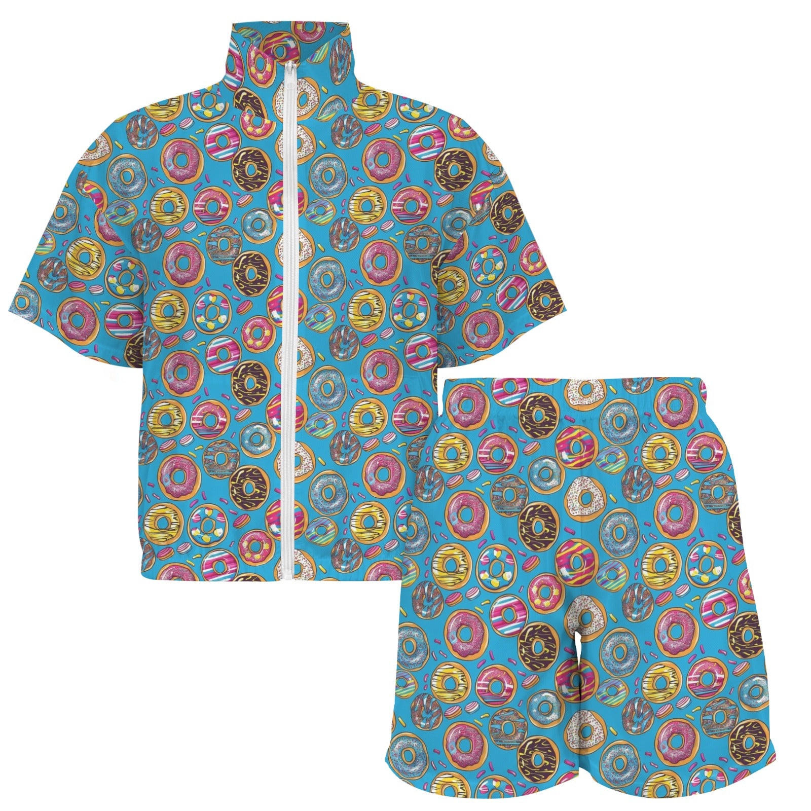 Doughnuts On Blue Women's Windbreaker Short Set Women's Windbreaker Short Set Food Printed Offshore
