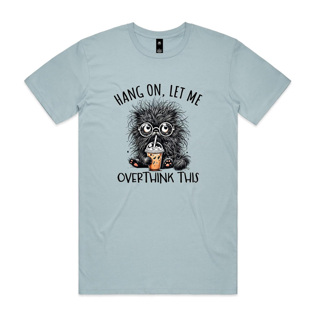 Frazzled Cat, Hang On Let Me Overthink This Men's AS Colour T-shirt Pale Blue Mens T-shirt animal Printed In Australia