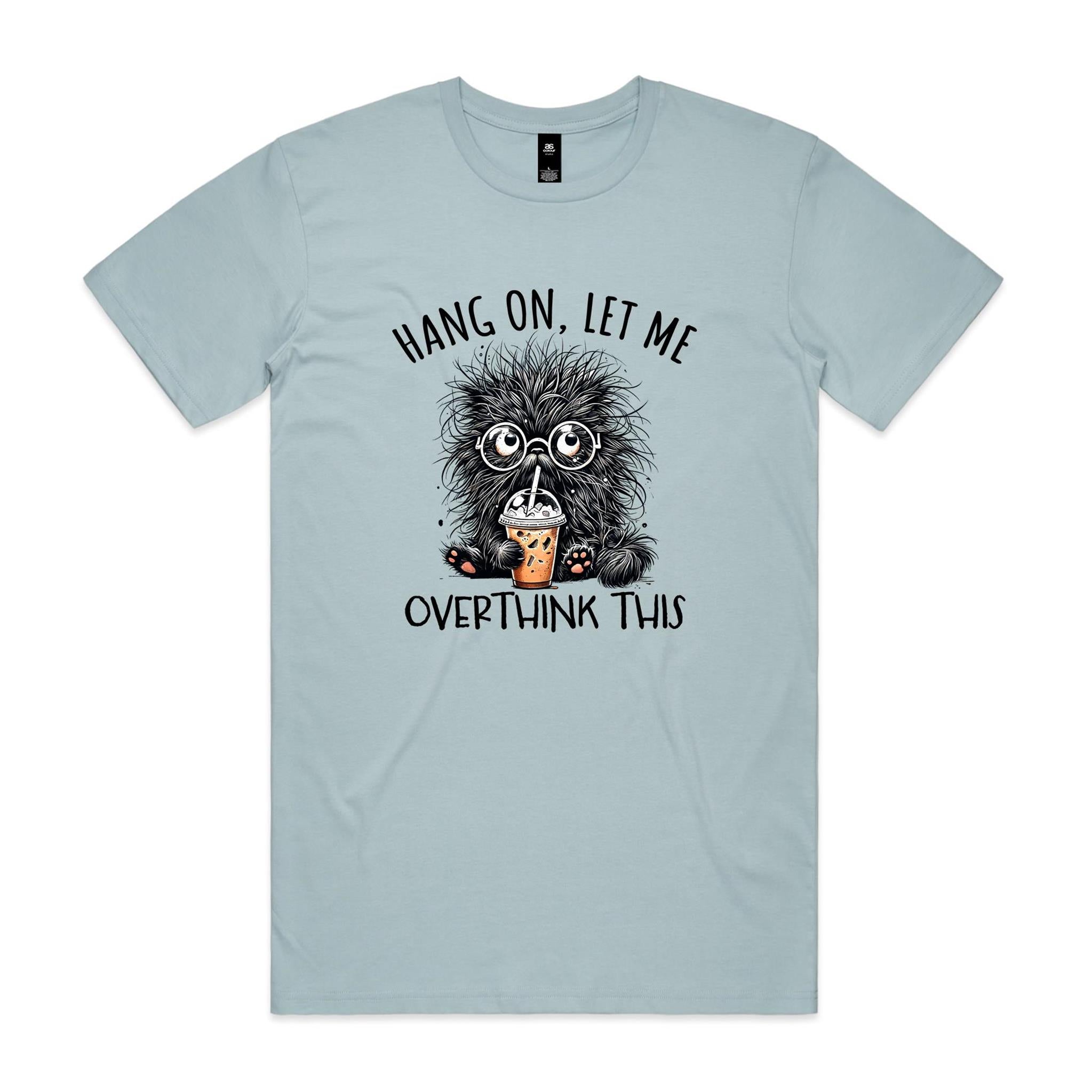 Frazzled Cat, Hang On Let Me Overthink This Men's AS Colour T-shirt Pale Blue Mens T-shirt animal Printed In Australia