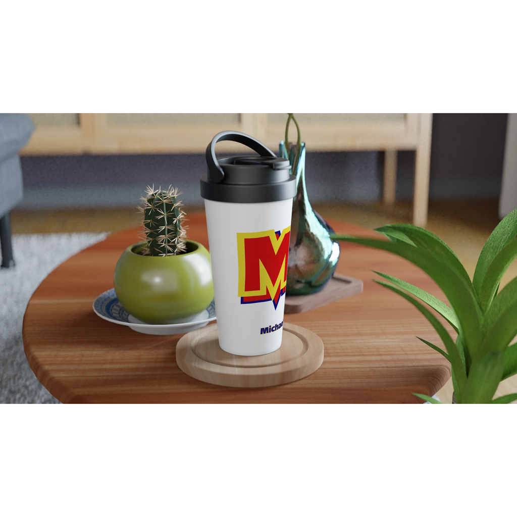 Personalised - Super Hero Initial - White 15oz Stainless Steel Travel Mug Personalised Travel Mug Customise Globally Fulfilled Initial Name Personalise