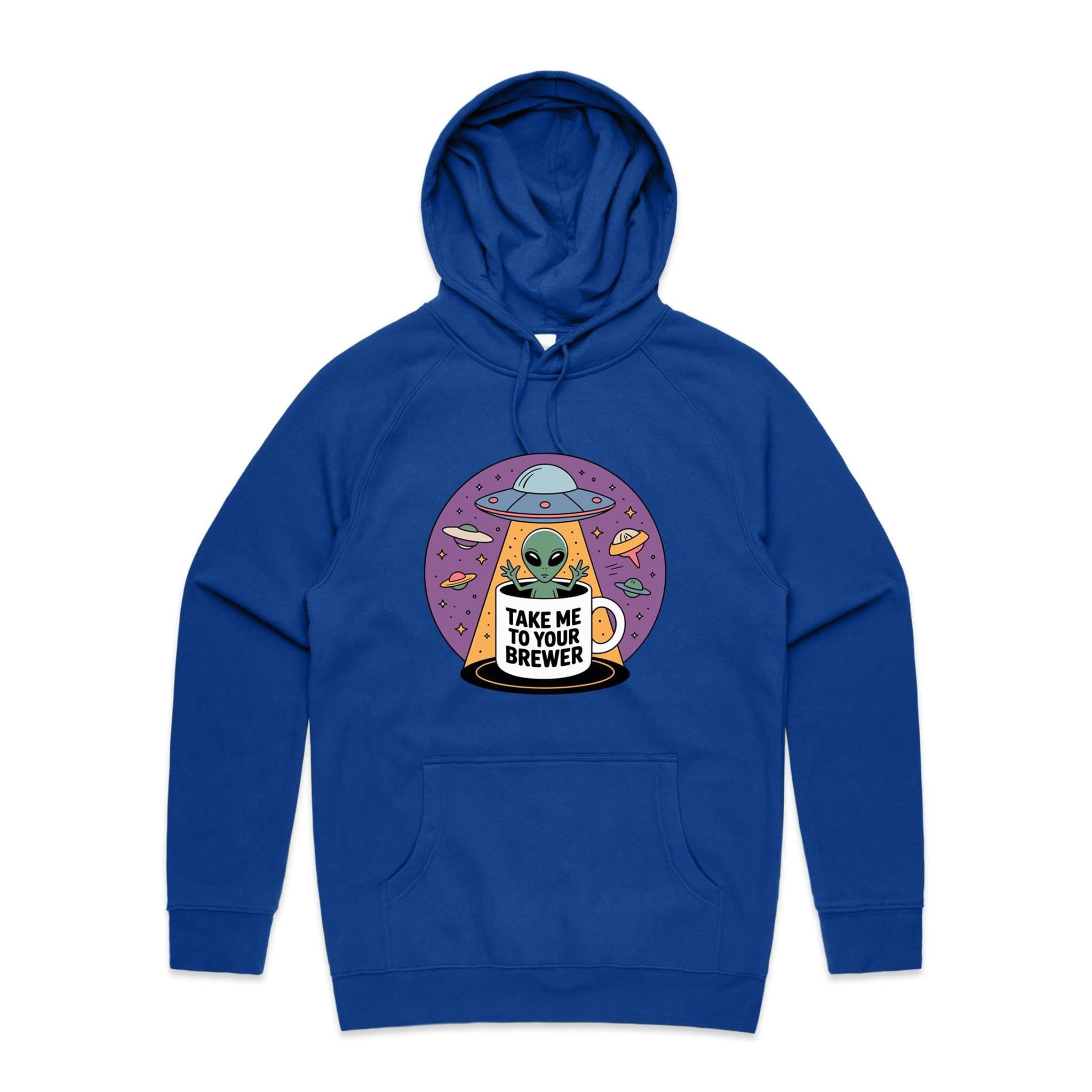 Coffee, Alien, UFO, Take Me To Your Brewer Men's AS Colour Hoodie Bright Royal Mens Hoodie Coffee Printed In Australia Sci Fi