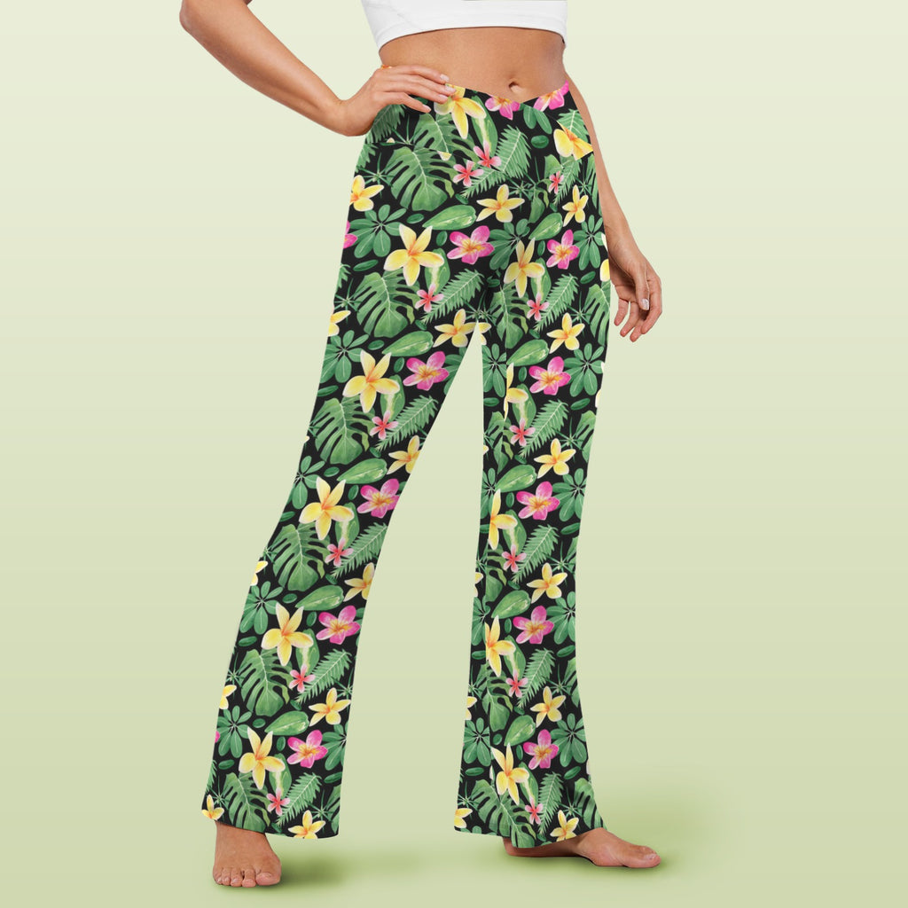Frangipani High Waist Crossover Tummy Control Flare Leggings High Waist Flare Leggings Plants Printed Offshore