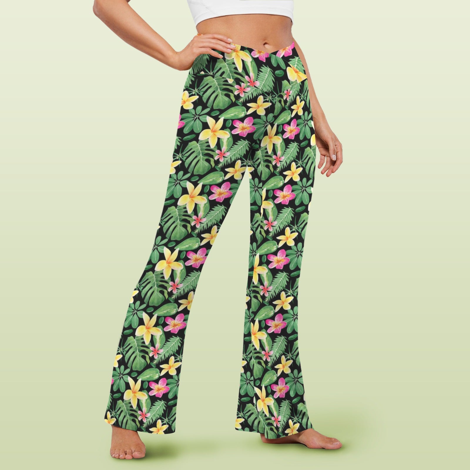 Frangipani High Waist Crossover Tummy Control Flare Leggings High Waist Flare Leggings Plants Printed Offshore