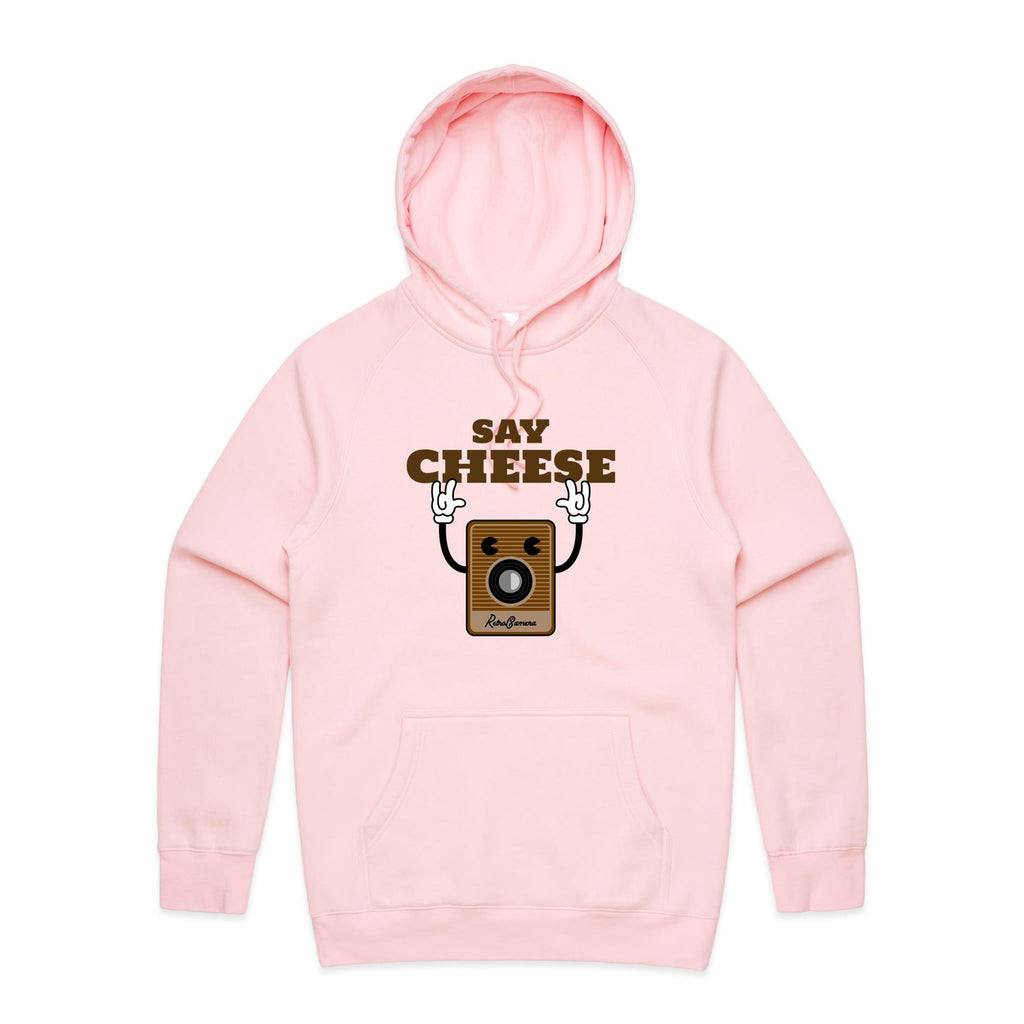 Say Cheese, Retro Camera - Mens Hoodie Pink Mens Hoodie Printed In Australia Retro