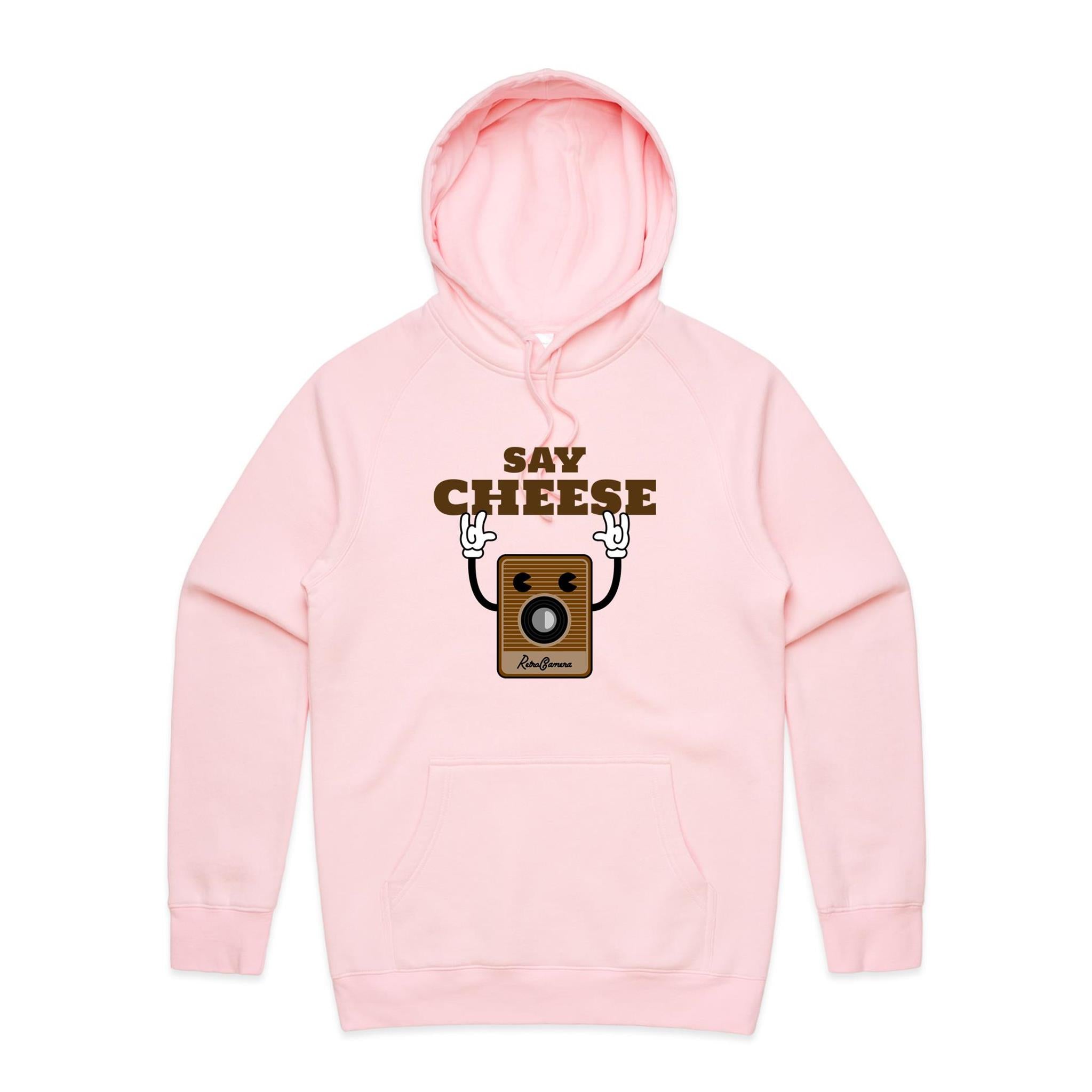 Say Cheese, Retro Camera - Mens Hoodie Pink Mens Hoodie Printed In Australia Retro