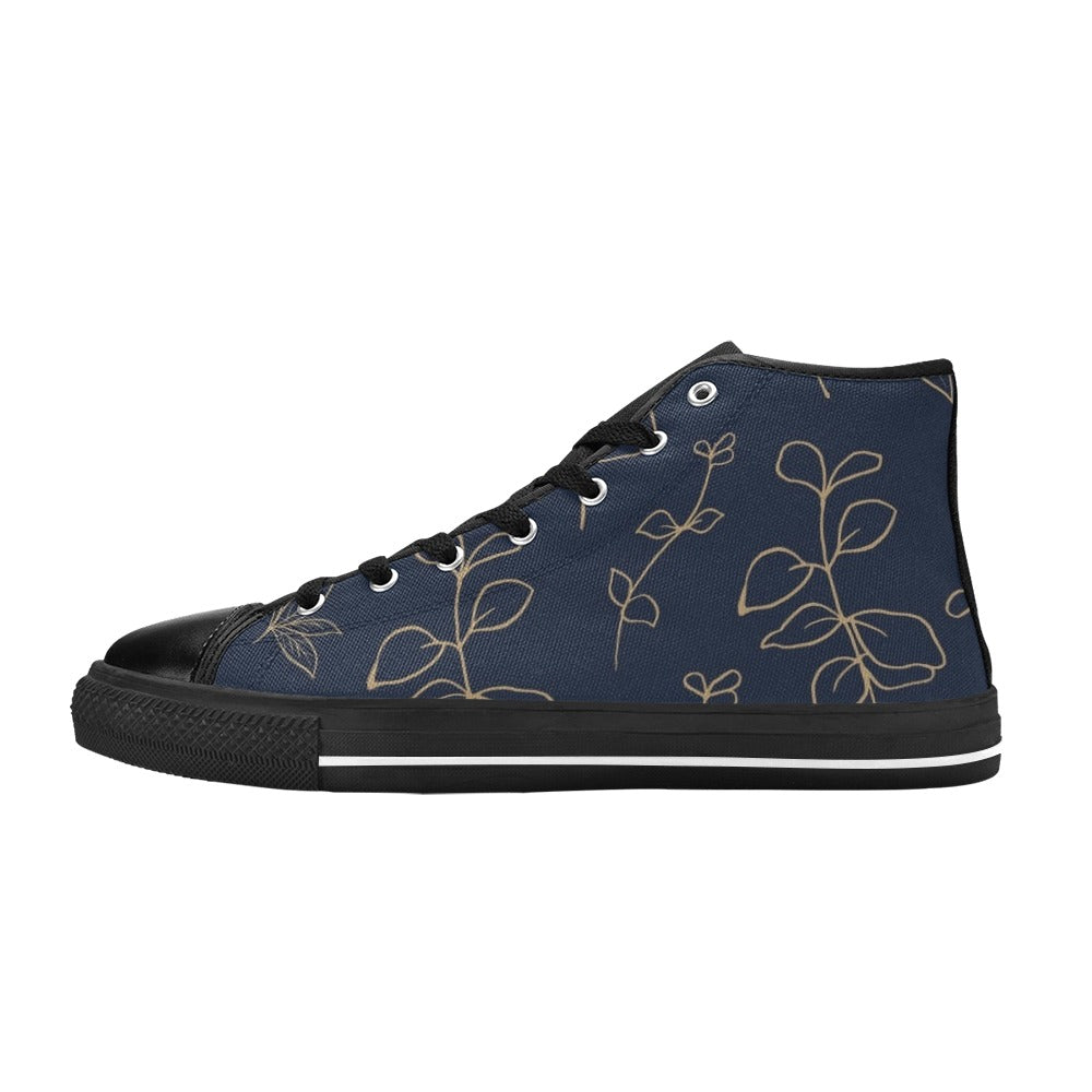 Gold Flowers On Navy - Men's High Top Canvas Shoes
