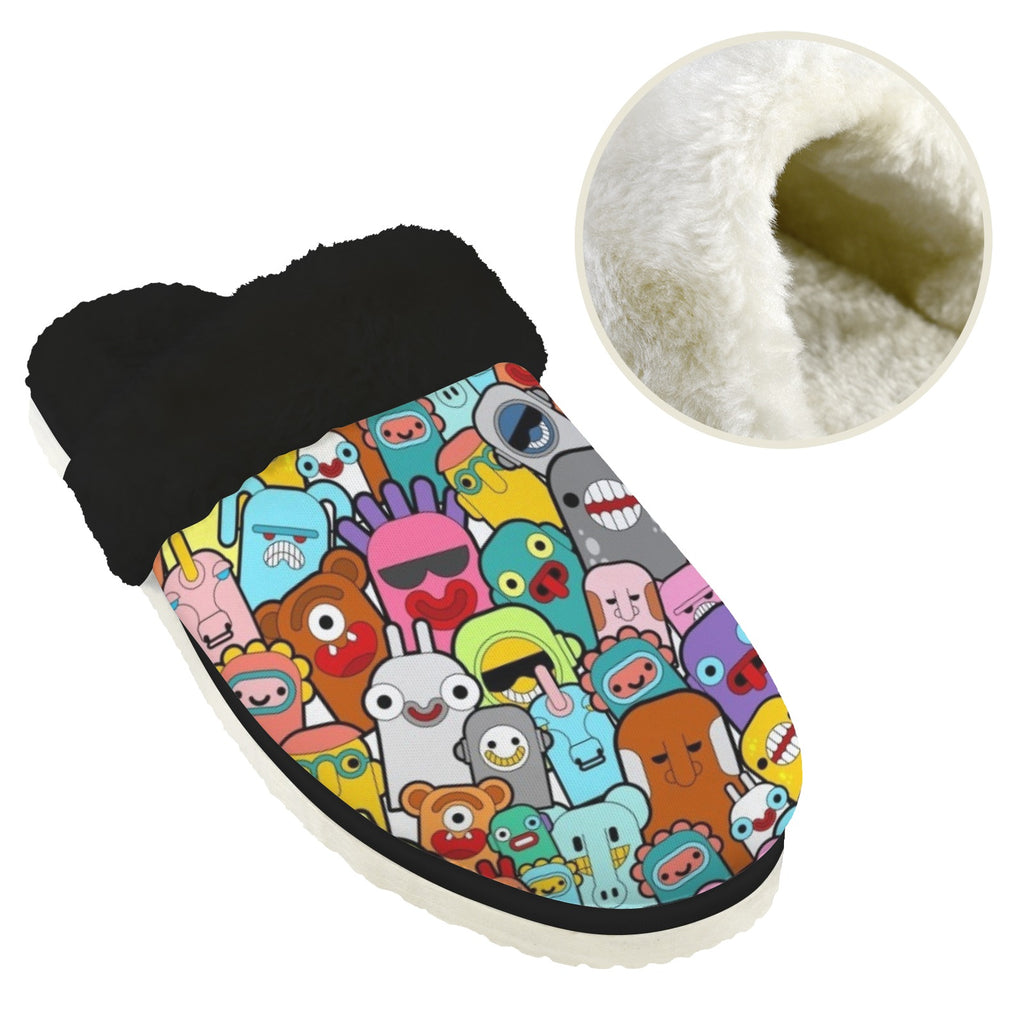 Happy Monsters Men's Fur Trim Thick-Sole Indoor Slippers Men's Fur Trimmed Slippers Printed Offshore Sci Fi
