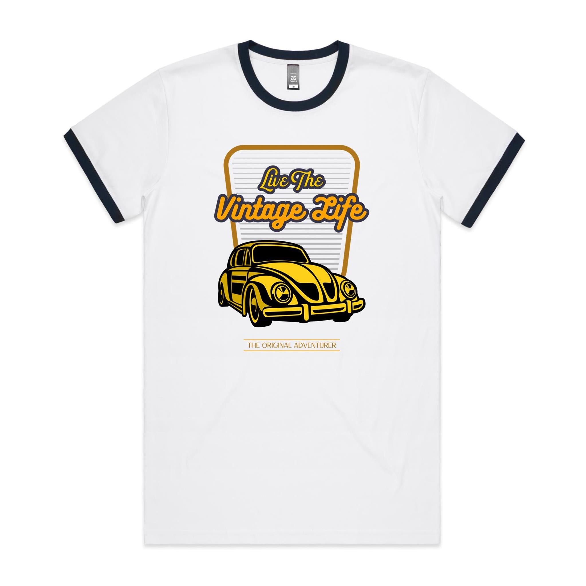 Live The Vintage Life, Car - Staple Ringer Tee White Navy Ringer T-Shirt Printed In Australia Retro