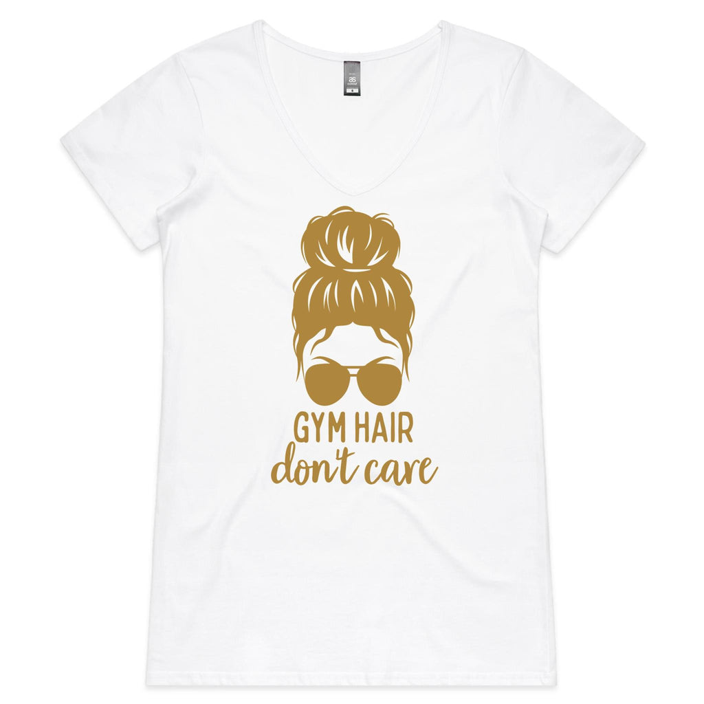Gym Hair, Don't Care - Womens V-Neck T-Shirt White Womens Active V-Neck T-shirt Fitness Printed In Australia