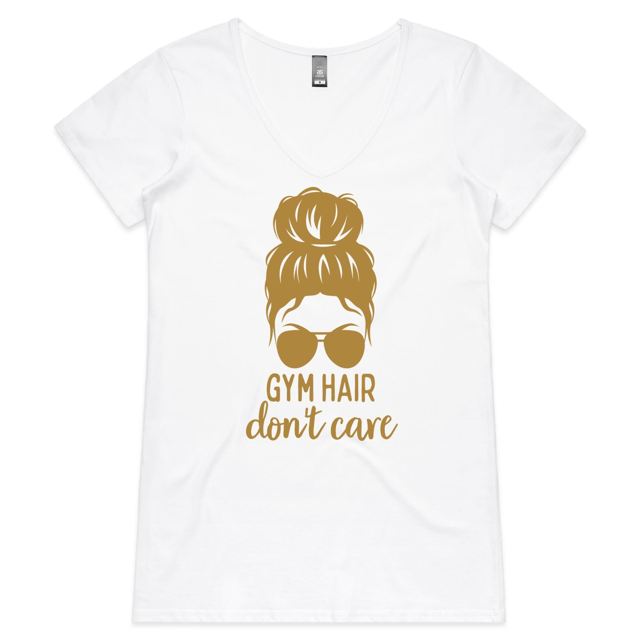 Gym Hair, Don't Care - Womens V-Neck T-Shirt White Womens Active V-Neck T-shirt Fitness Printed In Australia