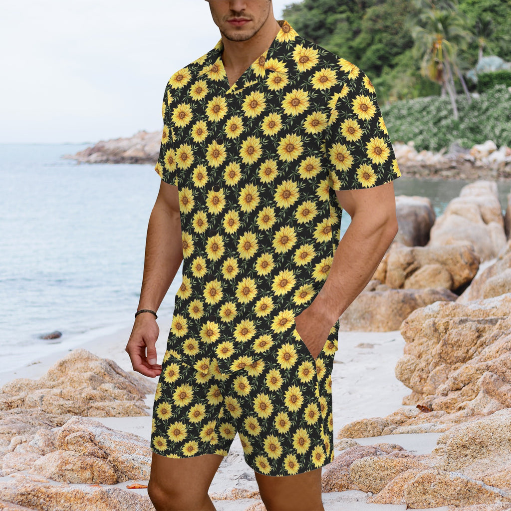 Painted Sunflower Men's Hawaiian Shirt & Shorts Set Men's Hawaiian Shirt & Shorts Set Plants Printed Offshore