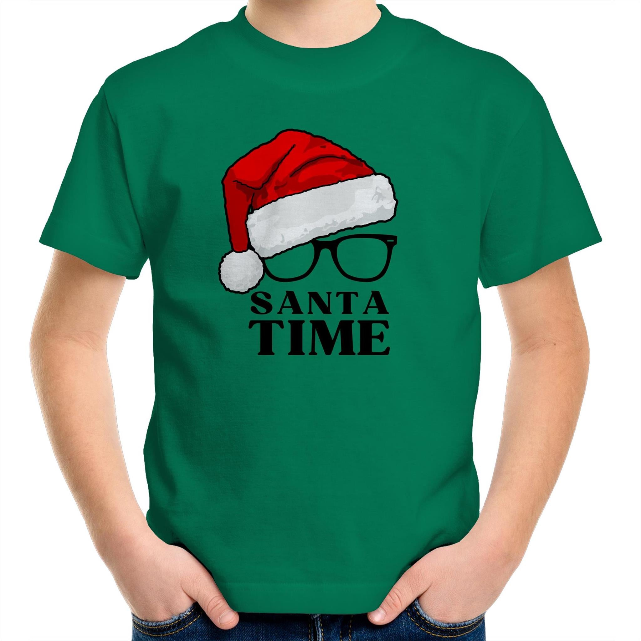 Santa Time - Kids Youth T-Shirt Kelly Green Kids Christmas T-shirt Christmas Printed In Australia